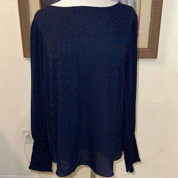 Ann Taylor Navy Blue Polka Dot Pattern Top Size Large - Picture 2 of 11